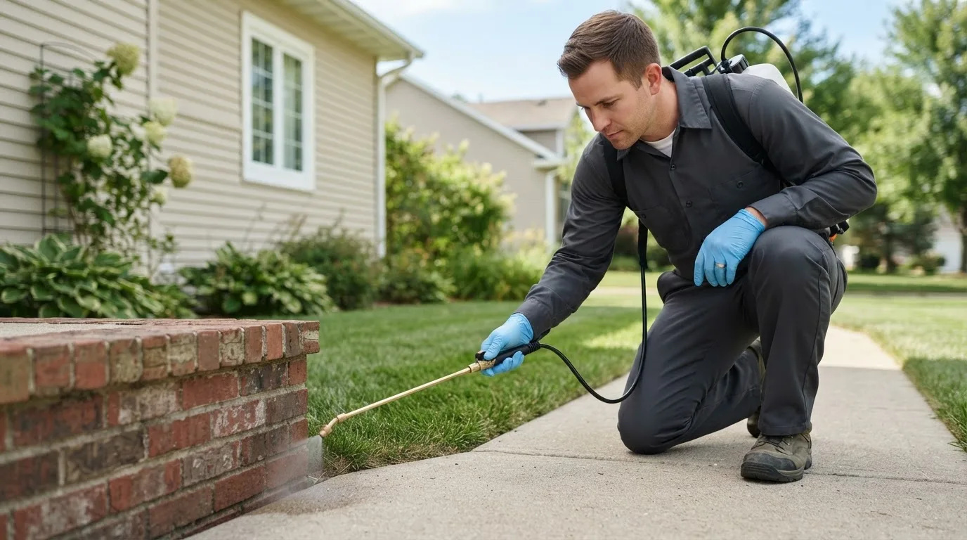 Pest control technician treating a home near Montgomery Center, VT